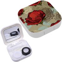 Portable Contact Lens Case Box Travel Kit Mirror + Bottle + Tweezers Container Holder [ Red Flowers ]