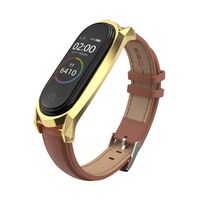 Mijobs Compatible Xiaomi Mi Band 3, Genuine Leather Replacement Strap Breathable Wristband with Metal Frame Bracelet Accessories for Xiaomi Mi Band 4 Smart Watch Bracelet (Classic Brown + Gold)