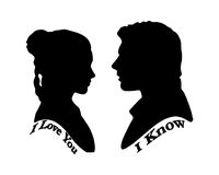 HVD- Star Wars laptop decal displaying Princess Leia and Han Solo silhouettes with the iconic movie quote I Love You,I Know