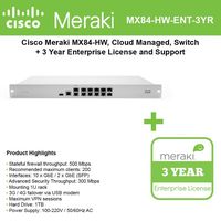 Cisco Meraki Cloud Managed Security FD MX84-HW Switch with 3 Year Ent. License