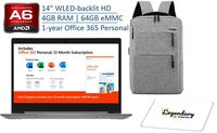2020 Lenovo IdeaPad 14" HD Laptop PC, AMD Dual-core A6-9220e, 4GB Memory, 64GB eMMC, Windows 10 S, Office 365 Personal 1-Year Included W/Legendary Computer Backpack & Mouse Pad Bundle