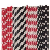 Red and Black Paper Straw Mix - Red, Black, Striped, Polka Dot (75)