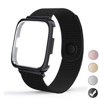 REYUIK Compatible with Versa Bands with Frame,Stainless Steel Mesh Breathable Metal Wristband with Protective Case Bumper Accessories for Women Men (Black, Large 6.0"-9.2")