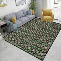 YucouHome Oriental Print Door Mats for Inside, Traditional Arabesque Pattern with Stripes Ornamental Geometric Design, Fashionable High Class Living Dinning Room(2.5'x 7') Fern Green Black Camel