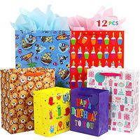 Fzopo Kids Birthday Gift Bag Assortment, Heavy Duty Paper Gift Bags, Red, Blue, Purple, Yellow, Brown (Pack of 12 Small, Medium, Extra Large Bags for Birthdays, Kid Party, Children's Day)