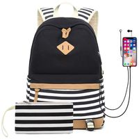 School Backpack with Charging USB Port, Bookbags Canvas Backpack Girls Stripe School Bookbag Women College Backpack Casual Daypack Travel Outdoor Backpack (Black)