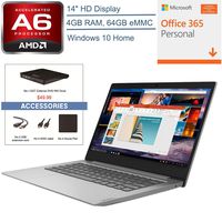 2020 Lenovo IdeaPad 14" Laptop Computer, AMD A6-9220e 1.6GHz, 4GB Memory, 64GB eMMC Flash Memory, Microsoft Office 365, Platinum Gray, Windows 10 Home + EST External DVD+ Accessories