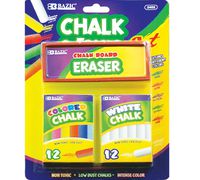 Bazic 12 Color and 12 White Chalks with Eraser Sets (Case of 72)