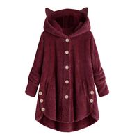 Honestyivan Women's Casual Solid Button Long Sleeve Cat Ear Warm Plush Hoodie Jacket Coat Outwear Tops Fall Winter Wine