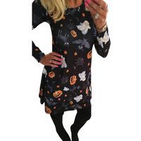 Kimloog S~XL Casual Women Halloween Pumpkin Skull Print Long Sleeve Party Swing Mini Dress (L)