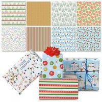 2beYOUnique Christmas Wrapping Paper Gift Bundle - Flat Wrapping Sheets (8) 2 of Each Print 8 Metallic Pull Bows (Variety | Holiday)