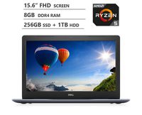 Dell Inspiron 15.6" Full HD LED-Backlit Display Laptop, AMD Ryzen5 2500U Quad-Core Processor Up to 3.60 GHz, 8GB RAM, 256GB PCIe SSD + 1TB HDD, HDMI, Wi-Fi, Bluetooth, Windows 10 Home, Racon Blue