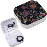 Portable Contact Lens Case Box Travel Kit Mirror + Bottle + Tweezers Container Holder [ Dark Enchanted Vintage Flowers Birds ]