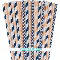 Coral Peach and Navy Paper Straws - Stripe Chevron - 7.75 Inches - Pack of 100