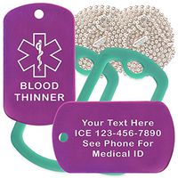 Custom 2 Pack - Blood Thinner Medical Alert ID Necklaces with Purple Custom Tags, Green Dark Silencers, and 30'' USA Chains