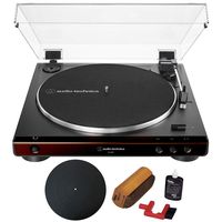 Audio-Technica Fully Automatic Belt-Drive Turntable 33-1/3 & 45 RPM Brown Black (AT-LP60X-BW) with Essentials Bundle Includes Protective Turntable Platter and Vinyl Record Cleaning System