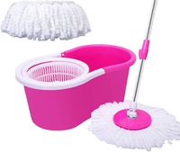 uznghou 360° Microfiber Spin Household Mop Bucket Floor Cleaning System Stainless Steel Extended Length Handle with with 2 Cotton Mop Heads (Pink)