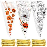 150 Pieces Halloween Cone Bags Halloween Clear Cellophane Bags Pumpkin Treat Bags with 150 Pieces Twist Ties for Halloween Party Supplies