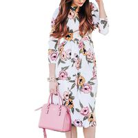 Goddessvan Women's Boho Floral Print 3/4 Sleeve Empire Waist Pleated Knee-Length Dress (S, White)