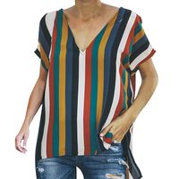 HIRIRI Colorful Striped Women Blouse Tank Crop Tops Short Sleeve V-Neck Casual Vest Loose Tee Shirt