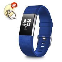 IYOU Compatible for Fitbit Charge 2 Replacement Bands, Classic Edition Adjustable Silicone Sport Wristbands Fitbit Charge 2 Bands for Women and Men, Navy Blue, Small,【Gift】 1X Finger Ring Stand