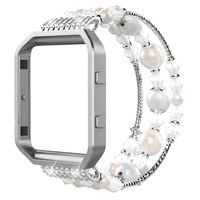 Simpeak Band Compatible with Fitbit Blaze, Small (6.3"), Beaded Elastic Bracelet Band Strap with Metal Frame Replacement for Fitbit Blaze, White