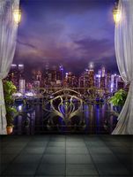 Leowefowa 5X7FT Vinyl New York City Night View Backdrop Sea View Room Metal Fence White Curtain Modern Building Shining Lights Vintage Marble Floor Photography Background Girl Lover Photo Studio Props
