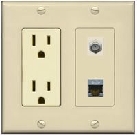 RiteAV - 15 Amp Power Outlet and 1 Port Coax Cable TV- F-Type and 1 Port Shielded Cat6 Ethernet Decorative Type Wall Plate - Ivory