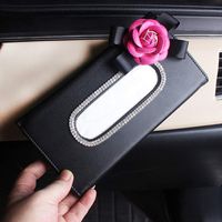 eing Car Sun Visor Tissue Box Holder Leather Camellia Crystal Flower Paper Towel Storage Bag Car Interior Accessories,Rose Red Flower