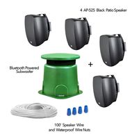 Outdoor Powered Bluetooth 100W Subwoofer with (4) AP525 Black Surface Mount Patio Speakers | Omni-Directional 360° Sound | IP67 Weatherproof Power Supply | Easy Set-up | NO Amplifier Needed - BOM4.1