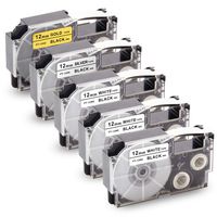 Unismar Replacement for Casio XR-12WE XR-12GD XR-12SR 0.47in Label Tape for Casio KL60 KL-100 KL-120 KL-780 KL-750 KL-7000 KL7400 KL-2000 Label Maker, 1/2" x 26.2', Black on White/Gold/Silver, 5-Pack
