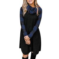 Womens Raglan Long Sleeve Plaid Dress Cowl Neck Pullover Casual Splice Scarf Collar Dress Navy
