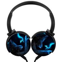 Blue Fire Wolf Wired Headphones Headsets 3D Printing Foldable Over Ear for Boys Girls Black