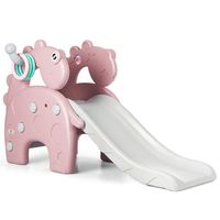 Baby Joy 4-in-1 Slide for Kids, Indoor Outdoor Freestanding Slide with Basketball Hoop and Ring Toss Game, Multifunctional Climb Household Toddler Play Slide w/ Music & Lights Box (Pink)