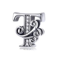 Solid 925 Sterling Silver with Cubic Stones, Complete A~Z Gift Options Alphabet Charm Letter Beads fit Pandora European Bracelets (T)