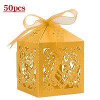 Lucky Monet 25/50/100PCS Love Heart Laser Cut Wedding Candy Gift Box Chocolate Box for Wedding Favor Birthday Party Bridal Shower with Ribbon (50pcs, Yellow)