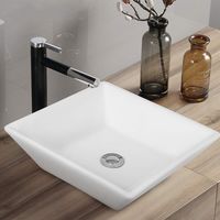 Tangkula 16" x 16" Square Bathroom Vessel Sink, Porcelain Ceramic Above Counter, White Basin Vessel Vanity Sink Art Basin with Pop-up Drain, Ideal for Home, Restaurant and Hotel, White