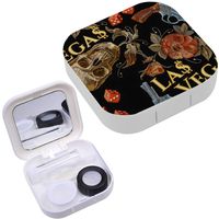 Portable Contact Lens Case Box Travel Kit Mirror + Bottle + Tweezers Container Holder [ Embroidery Skulls Guns Dice ]
