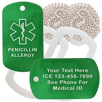 Custom 2 Pack - Penicillin Allergy Medical Alert ID Necklaces with Green Custom Tags, Clear Silencers, and 30'' USA Chains