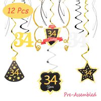 34 Birthday Decoration Happy 34th Birthday Party Silver Black Gold Foil Hanging Swirl Streamers I'm Thirty-four Years Old Today Birthday Hat Gold Star Ornament Party Present Supplies