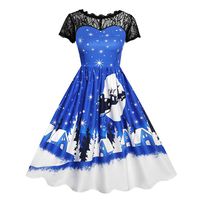 iNoDoZ Women's Christmas Party Swing Dress Vintage Lace Short Sleeve Print Dresses Blue