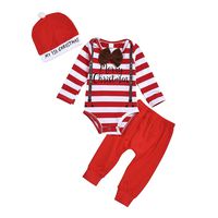 Newborn Baby Boys Girls Sleepwear Kids Bowknot Fake Strap Stripe Romper+Elastic Waist Pants+Cap Outfits (Red, 6-12 Months)