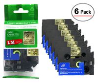 LM Tapes - 6/Pack Premium 3/8" Black Print on Gold Label (9mm 0.35 Laminated) Compatible with P-Touch TZe-821 Tape and Comes with Great Tape Color/Size Guide for Easy reordering.