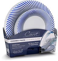 Laura Stein Designer Dinnerware Set of 40 Premium Plastic Wedding/Party Plates: White, Blue Rim. Set Includes 20 10.75" Dinner Plates & 20 7.5” Salad Plates | Curve Series