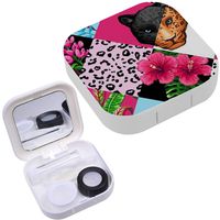 Portable Contact Lens Case Box Travel Kit Mirror + Bottle + Tweezers Container Holder [ Tropical Palm Leaves Flowers ]