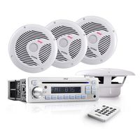 Pyle Stereo Radio Headunit Receiver & Waterproof Speaker Kit, Aux (3.5mm) MP3 Input, USB/MP3 Reader, CD Player, Remote Control, Includes (4) 6.5'' Speakers, Single DIN (White)