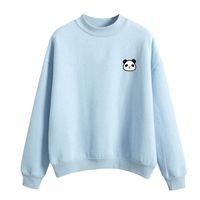 Tsmile Women Panda Print Sweatshirts Round Neck Solid Long Sleeve Cute Velvet Casaul Autumn Outwear Coat Tops Blue