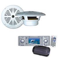 Pyle Marine Radio and Speaker Package - PLDMR3U In-Dash Marine CD/DVD Receiver with 3'' Built In Monitor - PLMR61W 120 Watts 6.5'' Dual Cone White Marine Speakers (Pair)