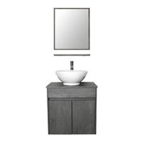 LUCKWIND Bathroom Vanity Vessel Sink Combo - Wall Mount Mirror Ceramic Porcelain Vessel Sink Faucet Drain Chrome Single Cabinet Shelf Storage Suite 2 Doors Top MDF-Eco Wooden Modern Grey Rectangular