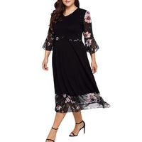 Women's Dress,Jushye Ladies Loose Summer Midi Dresses V Neck Wrap Chiffon Floral Long Sleeve Plus Size Prom Dress (3XL, Black)